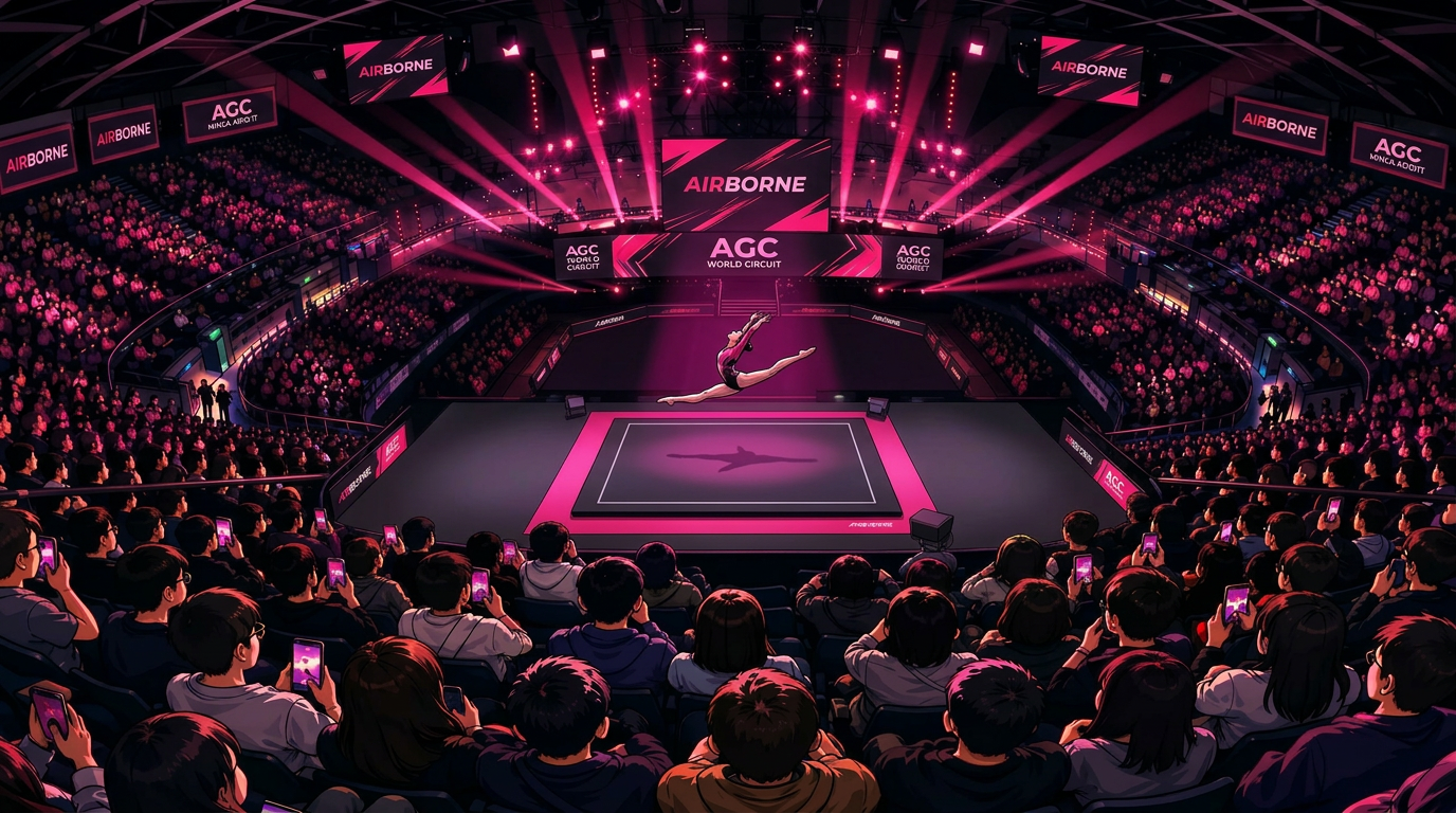Sold-out Airborn arena with gymnast mid-routine under volt-pink stage lights