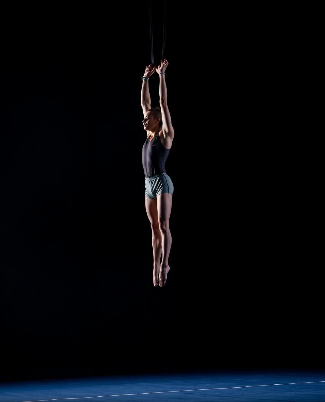 Elite gymnast suspended mid-routine under dramatic stage lighting